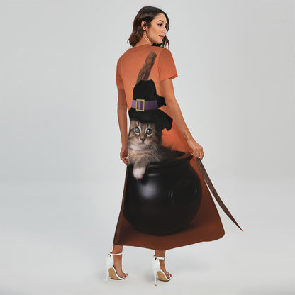 Halloween Cute Witch Cat Print Short Sleeve Maxi Dress