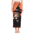 Halloween Cute Witch Cat Print Side Slit Maxi Skirt