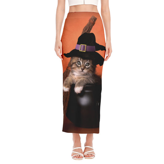 Halloween Cute Witch Cat Print Side Slit Maxi Skirt