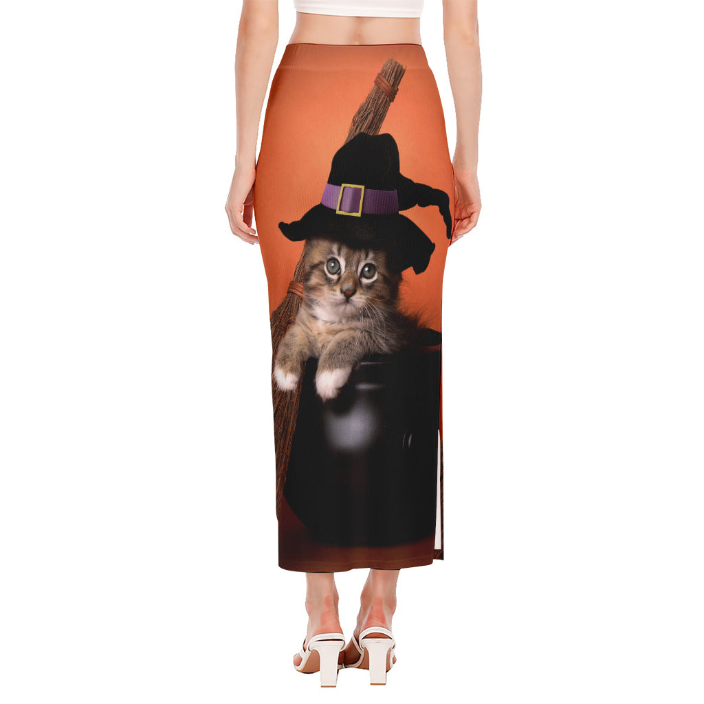 Halloween Cute Witch Cat Print Side Slit Maxi Skirt