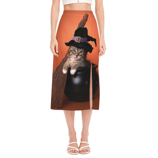 Halloween Cute Witch Cat Print Side Slit Midi Skirt