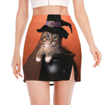 Halloween Cute Witch Cat Print Side Slit Mini Skirt