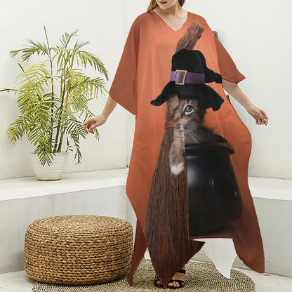 Halloween Cute Witch Cat Print Silk V-Neck Kaftan Dress