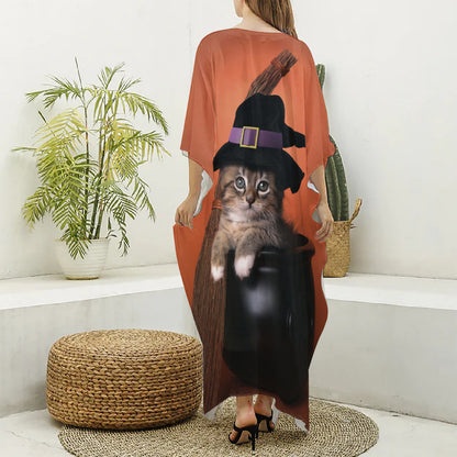 Halloween Cute Witch Cat Print Silk V-Neck Kaftan Dress