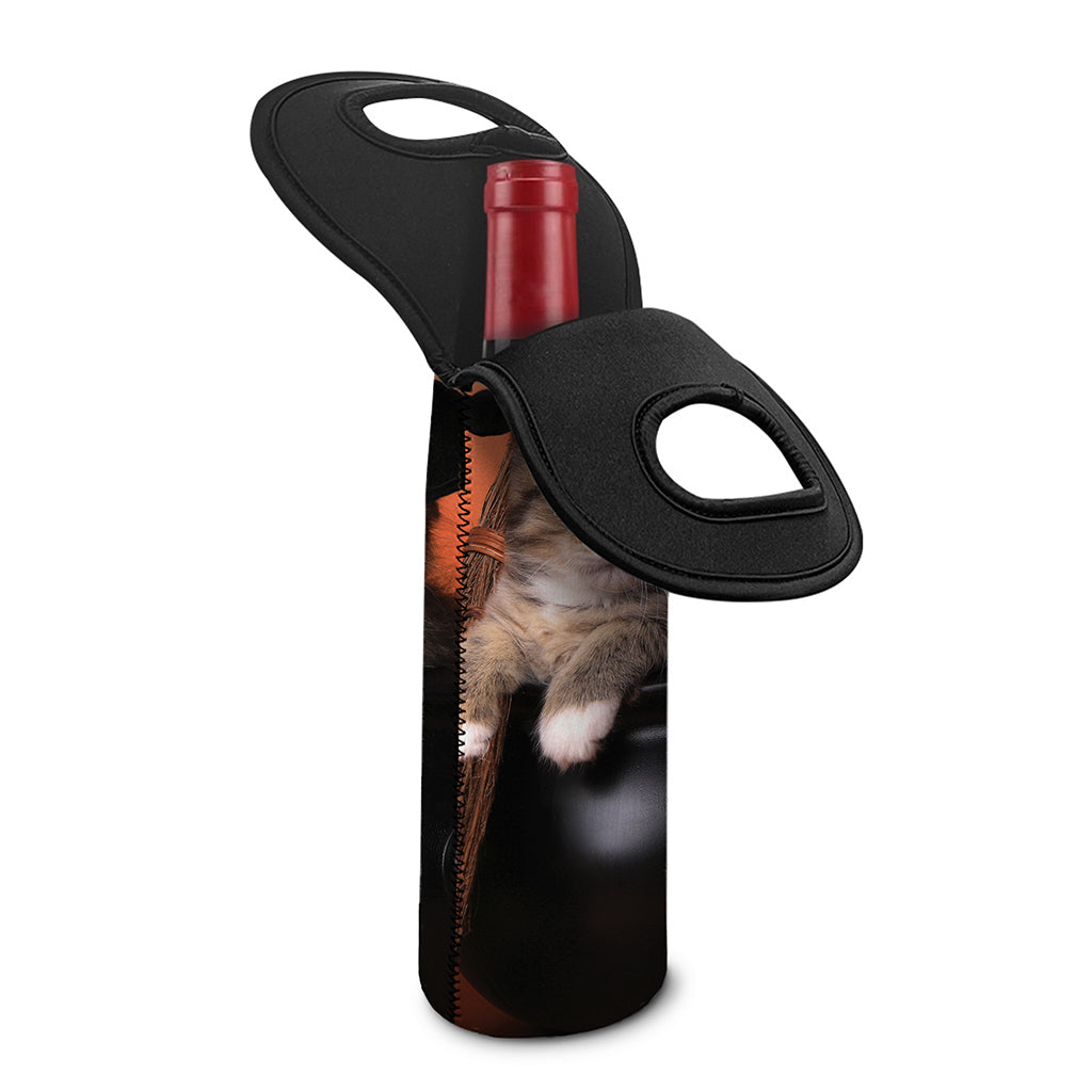 Halloween Cute Witch Cat Print Single Neoprene Wine Tote