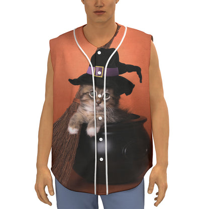 Halloween Cute Witch Cat Print Sleeveless Baseball Jersey