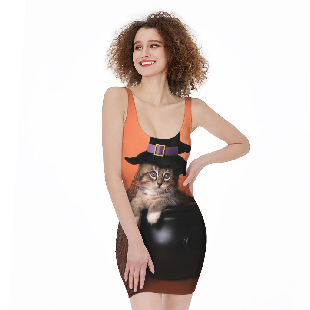 Halloween Cute Witch Cat Print Sleeveless Bodycon Dress