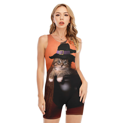 Halloween Cute Witch Cat Print Sleeveless One Piece Swimsuit
