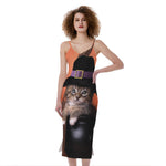 Halloween Cute Witch Cat Print Slim Fit Midi Cami Dress