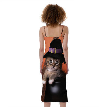 Halloween Cute Witch Cat Print Slim Fit Midi Cami Dress