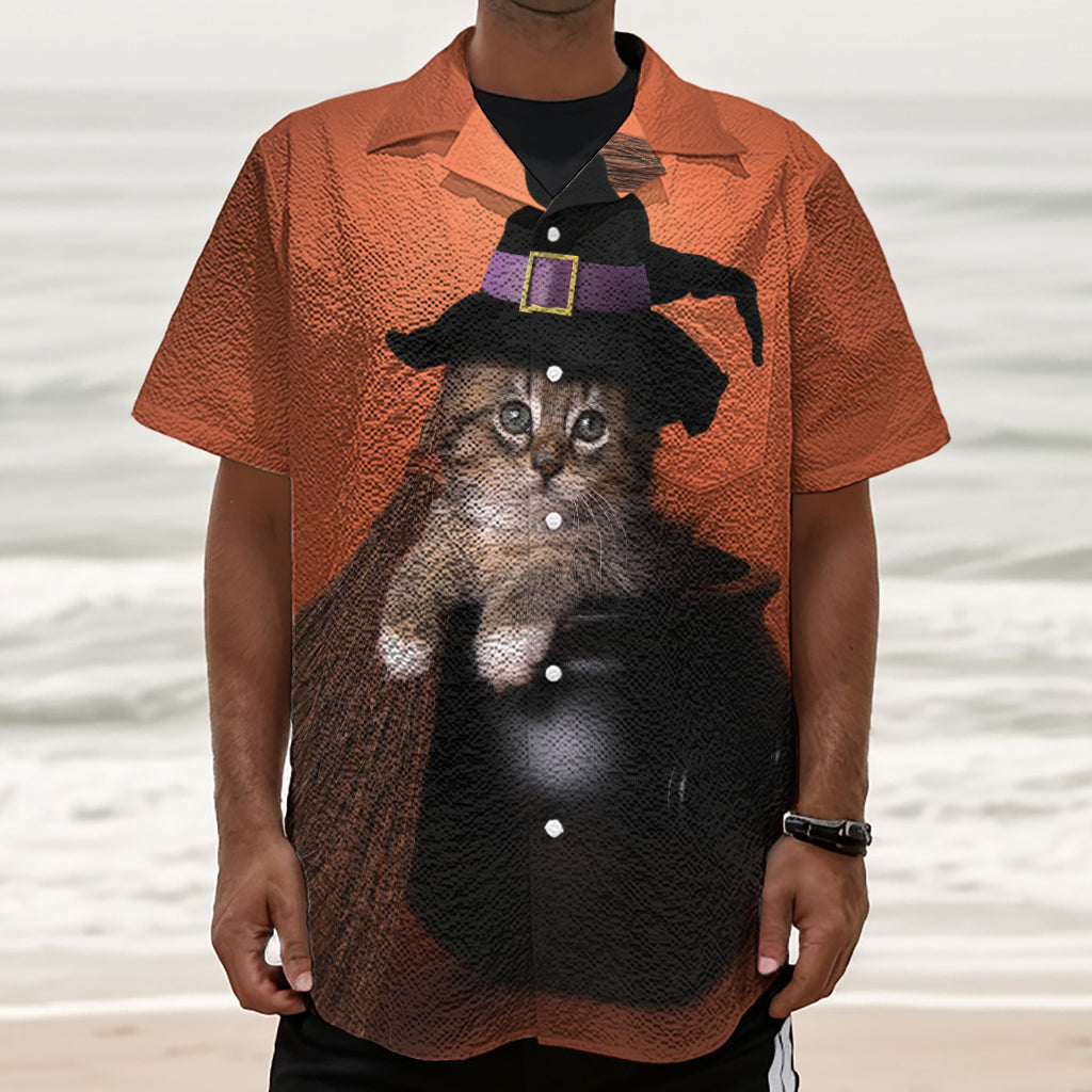 Halloween Cute Witch Cat Print Textured Short Sleeve Shirt