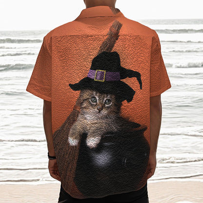Halloween Cute Witch Cat Print Textured Short Sleeve Shirt