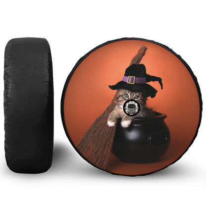 Halloween Cute Witch Cat Print Tire Cover With Camera Hole
