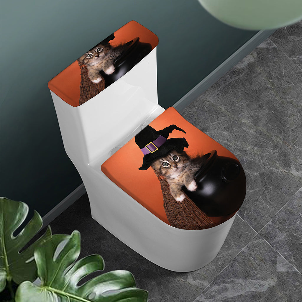 Halloween Cute Witch Cat Print Toilet Lid And Tank Cover Set