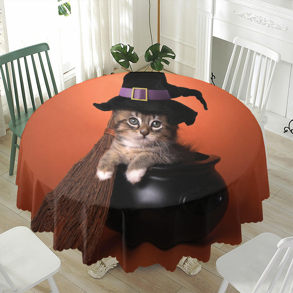Halloween Cute Witch Cat Print Waterproof Round Tablecloth