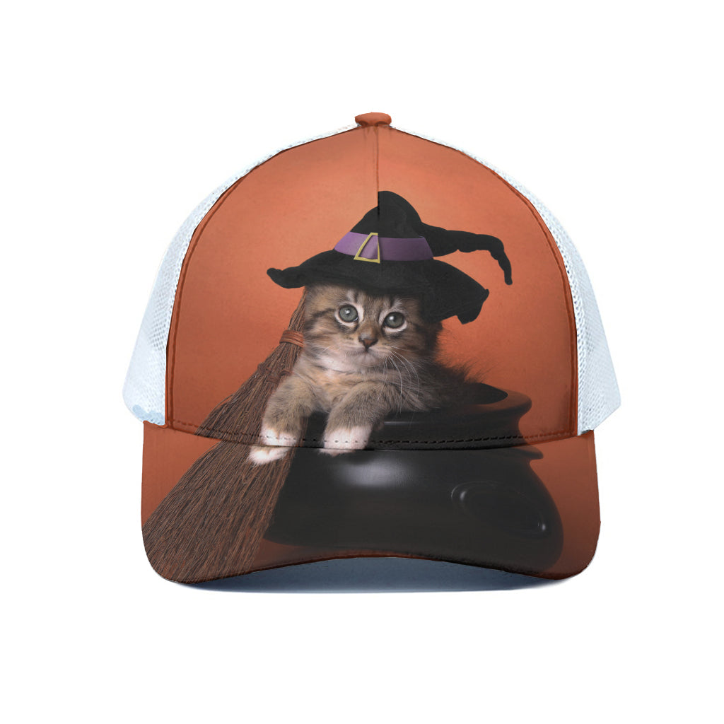 Halloween Cute Witch Cat Print White Mesh Trucker Cap
