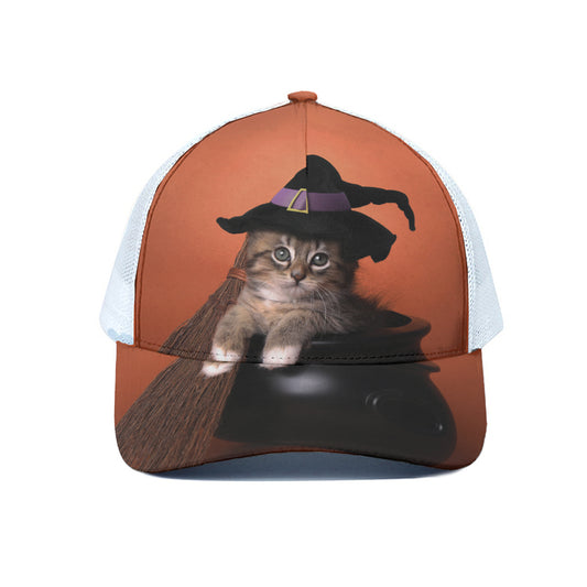 Halloween Cute Witch Cat Print White Mesh Trucker Cap