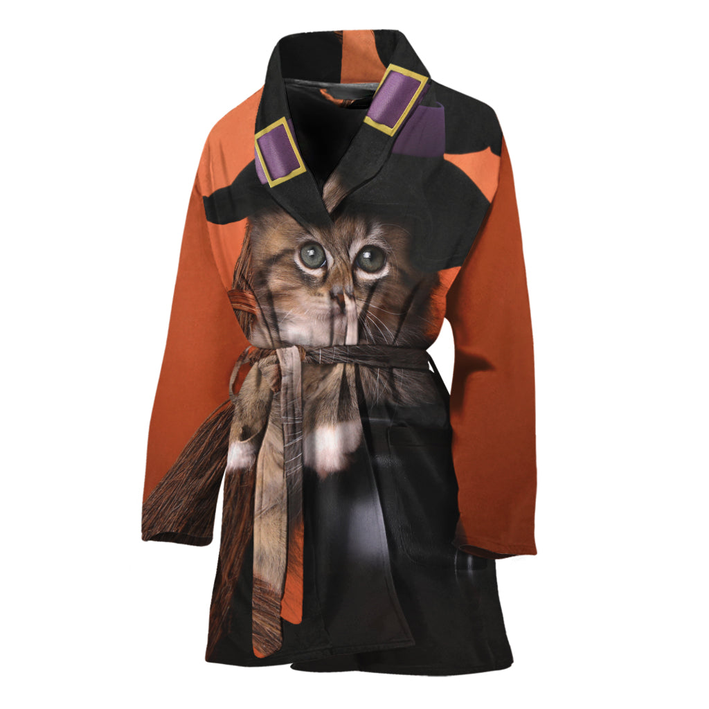 Halloween Cute Witch Cat Print Women's Bathrobe