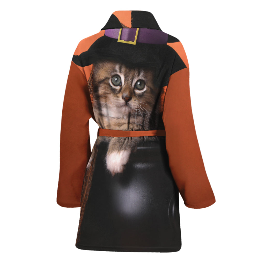 Halloween Cute Witch Cat Print Women's Bathrobe