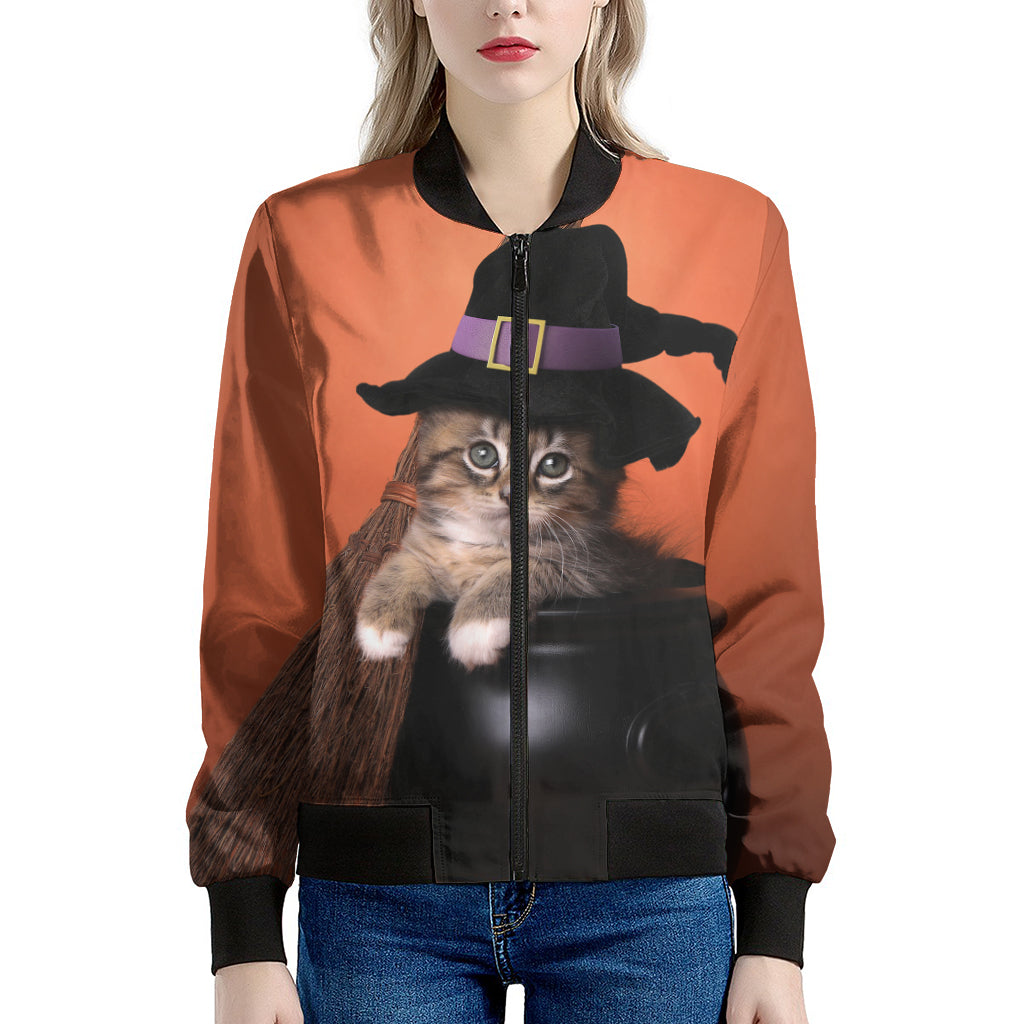 Halloween Cute Witch Cat Print Women's Bomber Jacket