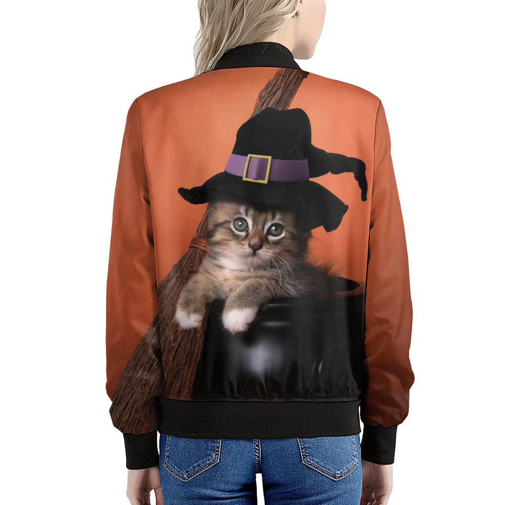 Halloween Cute Witch Cat Print Women's Bomber Jacket