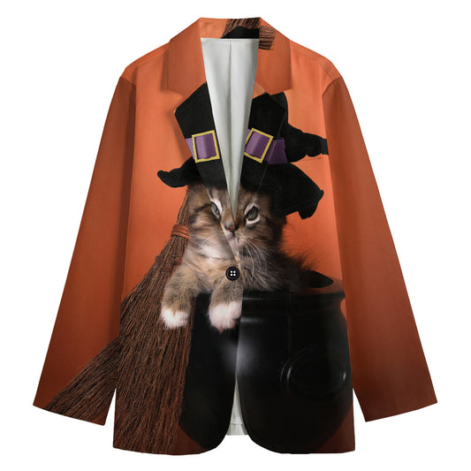 Halloween Cute Witch Cat Print Women's Cotton Blazer