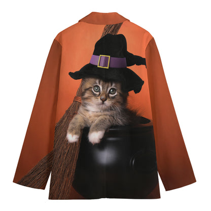 Halloween Cute Witch Cat Print Women's Cotton Blazer