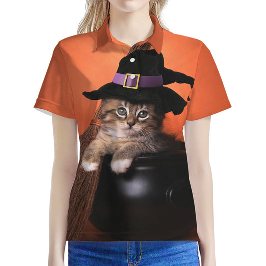 Halloween Cute Witch Cat Print Women's Polo Shirt