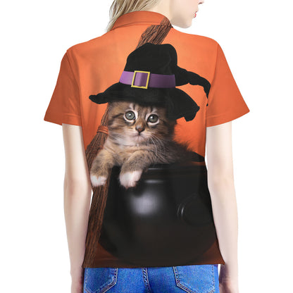 Halloween Cute Witch Cat Print Women's Polo Shirt