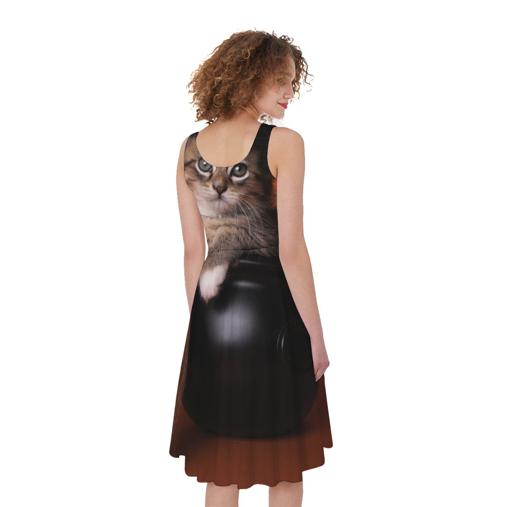 Halloween Cute Witch Cat Print Women's Sleeveless Dress