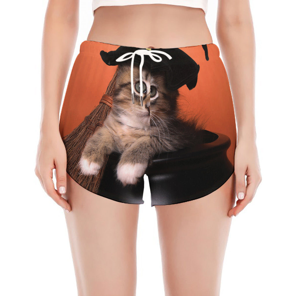 Halloween Cute Witch Cat Print Women's Split Running Shorts