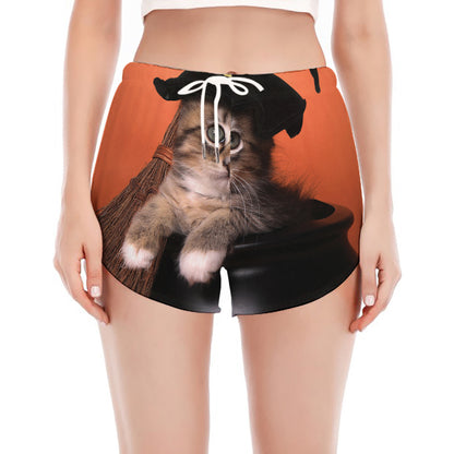 Halloween Cute Witch Cat Print Women's Split Running Shorts