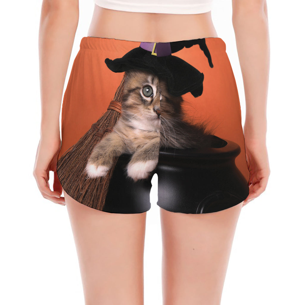 Halloween Cute Witch Cat Print Women's Split Running Shorts