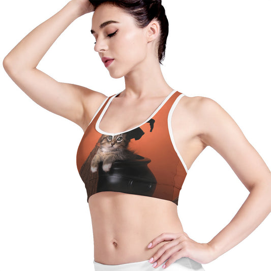Halloween Cute Witch Cat Print Women's Sports Bra