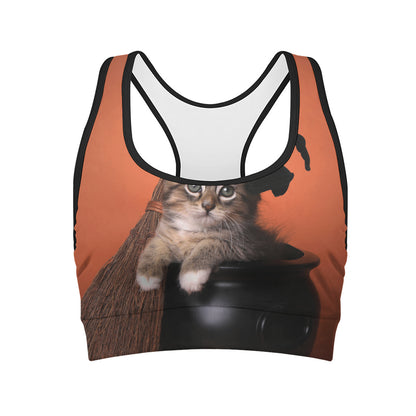 Halloween Cute Witch Cat Print Women's Sports Bra