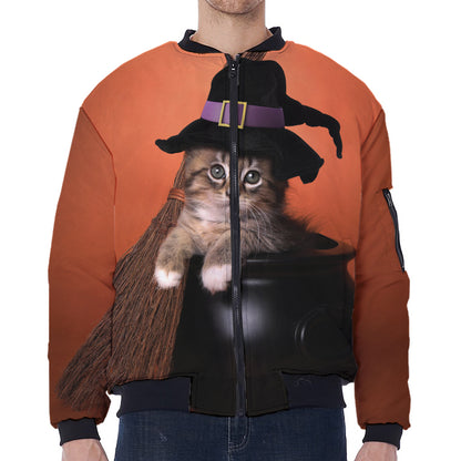 Halloween Cute Witch Cat Print Zip Sleeve Bomber Jacket
