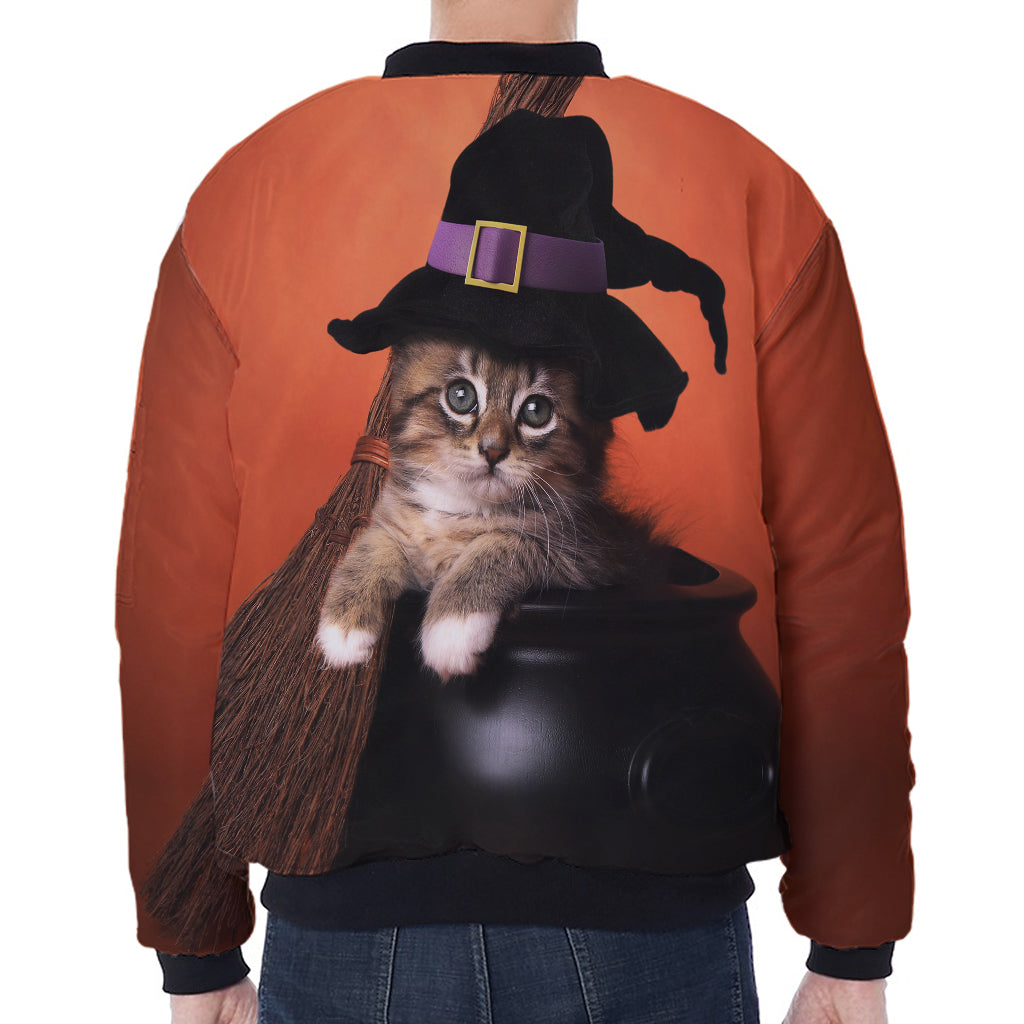 Halloween Cute Witch Cat Print Zip Sleeve Bomber Jacket