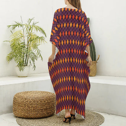 Halloween Diamond Shape Pattern Print Silk V-Neck Kaftan Dress