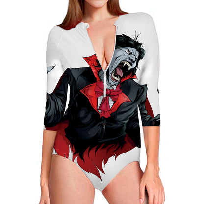 Halloween Evil Vampire Print Long Sleeve Swimsuit