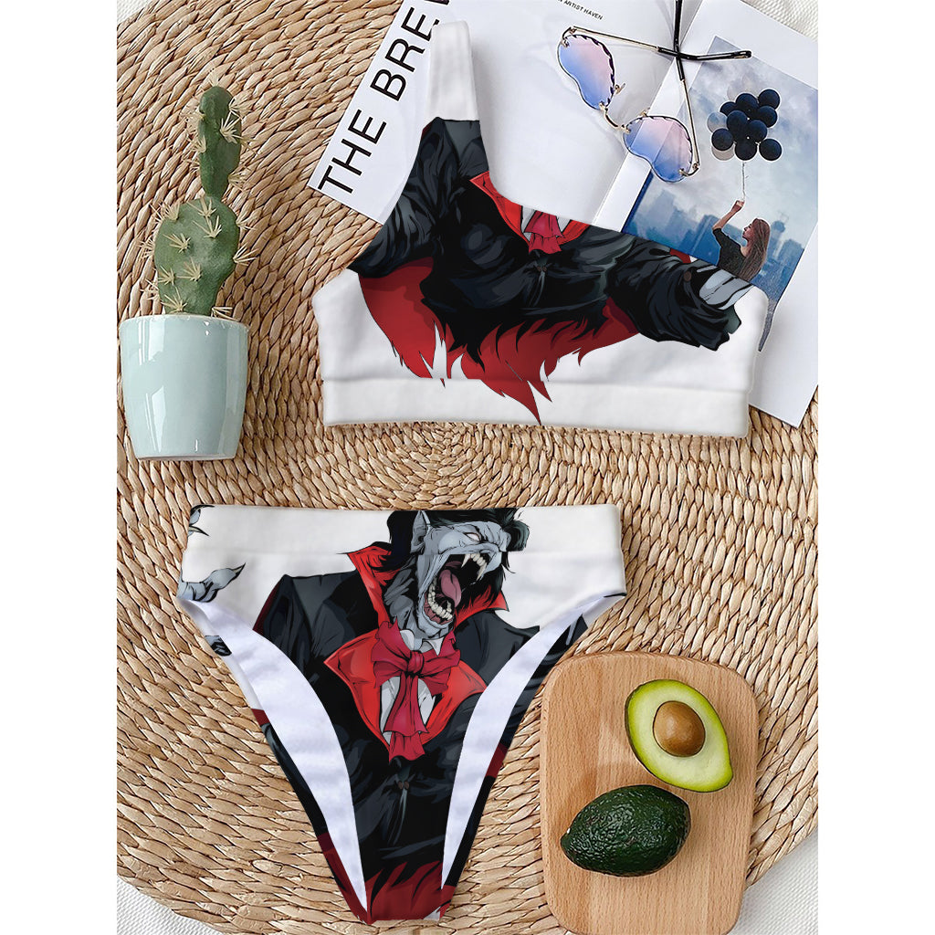 Halloween Evil Vampire Print One Shoulder Bikini Top