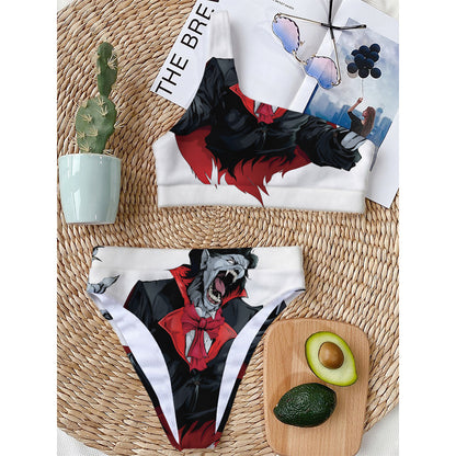 Halloween Evil Vampire Print One Shoulder Bikini Top