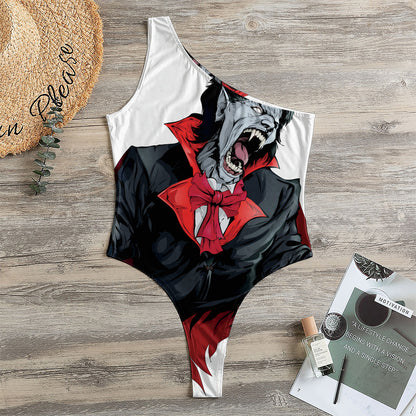 Halloween Evil Vampire Print One Shoulder Bodysuit