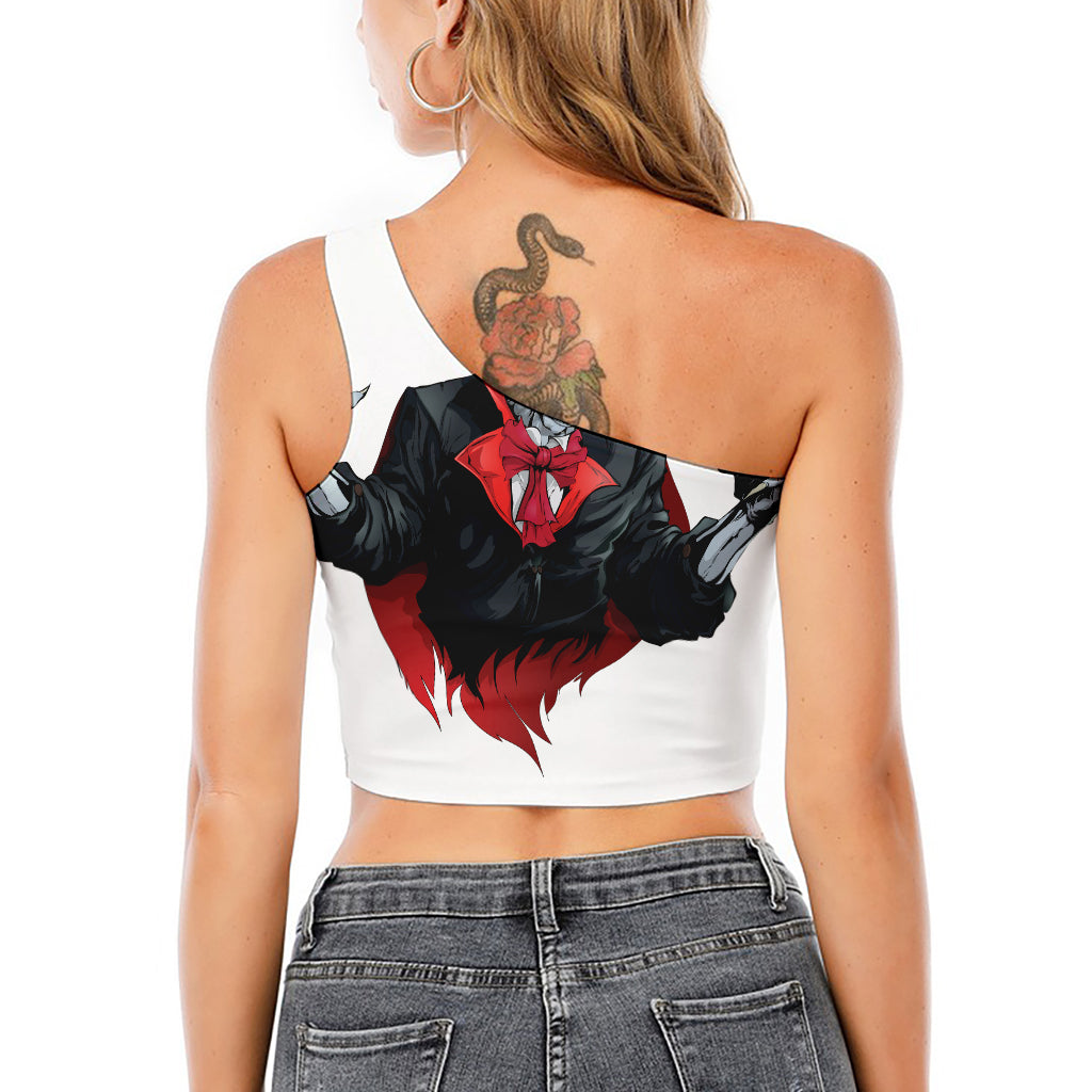 Halloween Evil Vampire Print One Shoulder Crop Top