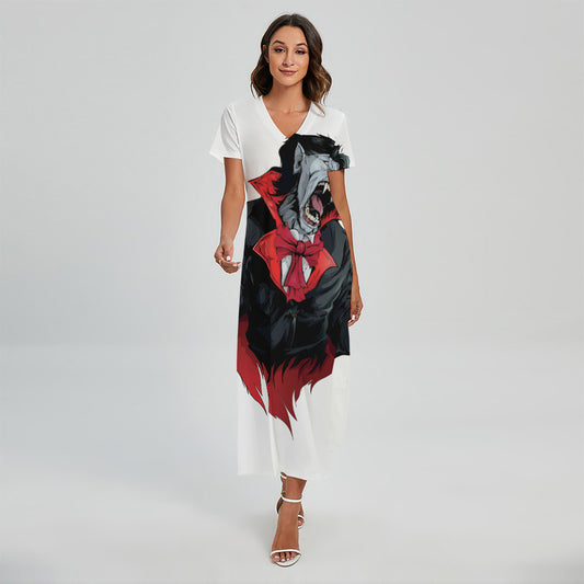Halloween Evil Vampire Print Short Sleeve Maxi Dress