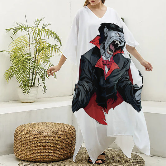 Halloween Evil Vampire Print Silk V-Neck Kaftan Dress