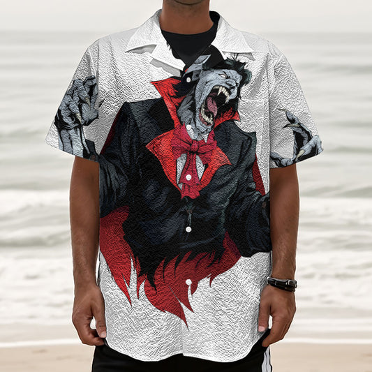 Halloween Evil Vampire Print Textured Short Sleeve Shirt