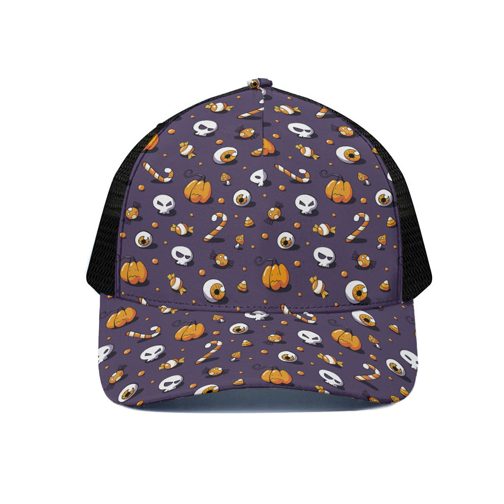 Halloween Eyeball Pattern Print Black Mesh Trucker Cap