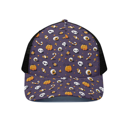 Halloween Eyeball Pattern Print Black Mesh Trucker Cap