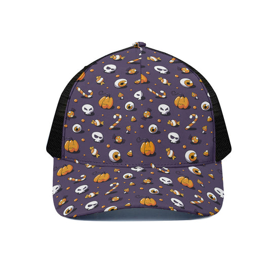 Halloween Eyeball Pattern Print Black Mesh Trucker Cap