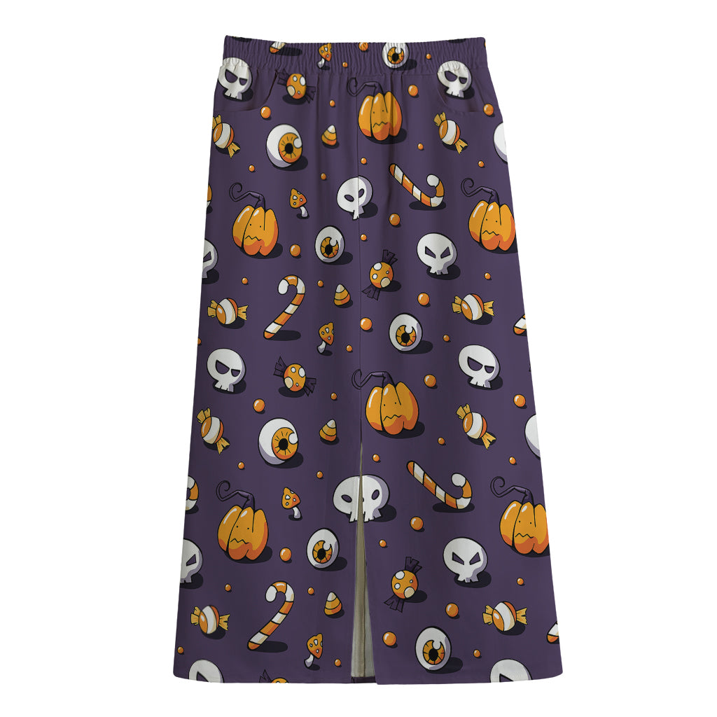 Halloween Eyeball Pattern Print Cotton Front Slit Maxi Skirt